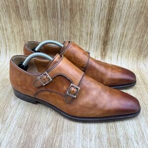 Magnanni Double Monk Strap Shoes Men's 10 Cognac Brown Leather Made in Spain
